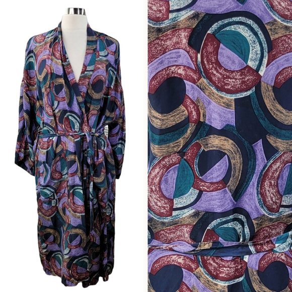 Vintage 80s Silk Dressing Gown Robe Smoking Jacket size Large XL Belted Wrap
